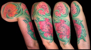 Looking for unique  Tattoos? Gerber Dasiy, Dahlia and Peony Floral Sleeve